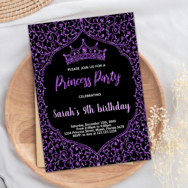 Lila Glitter White Princess Birthday Bjud Inbjudningar (Purple Glitter White Princess Birthday Invitations)