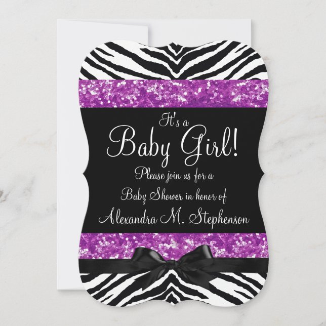 Lila Glitter Zebra Bow Baby Shower Girl Inbjudningar (Framsida)