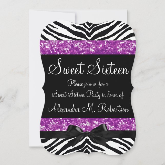 Lila Glitter Zebra Bow Sweet sixteen Inbjudningar (Framsida)
