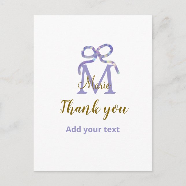 Lila glitterbåge lägg till namn bokstav monogram t vykort (Framsida)