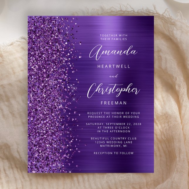 Lila glitterbröllopsinbjudan med budgetglam (Skapare uppladdad)