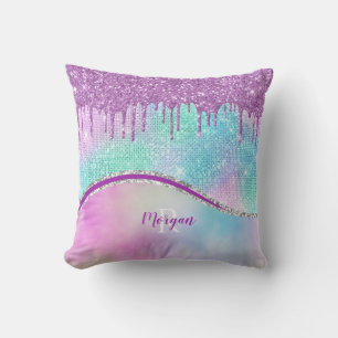 Lila glitterdroppar & glans, namn & monogram kudde