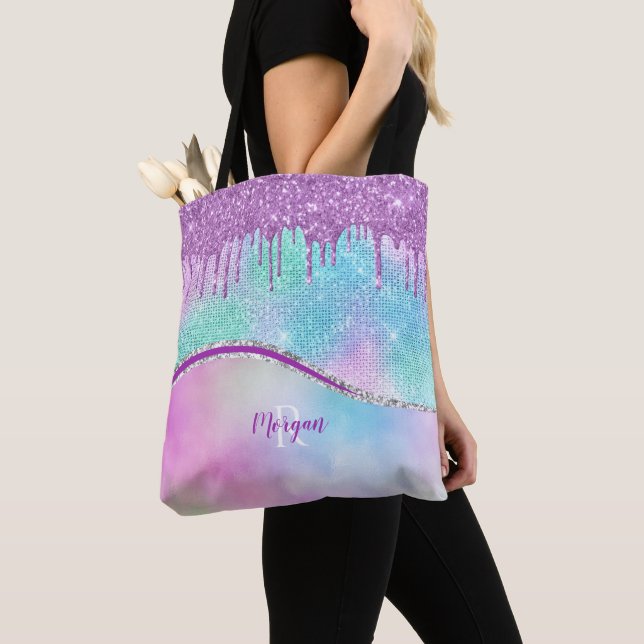 Lila glitterdroppar & glans, namn & monogram tygkasse (Närbild)