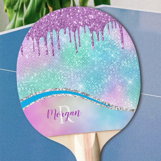 Lila glitterdroppar, iriserande, namn & monogram pingisracket (Skapare uppladdad)