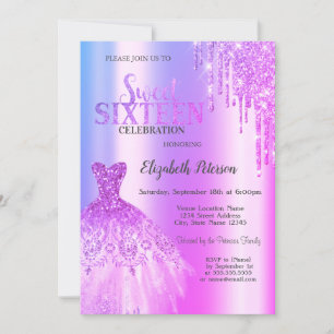 Lila glitterdroppar, klänning Violett Sweet 16 Inbjudningar