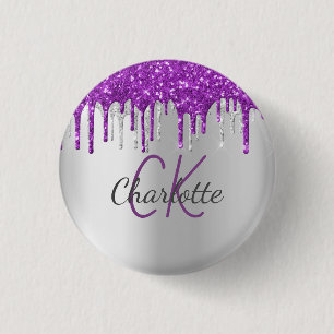Lila glitterdroppar silvermonogramnamn knapp