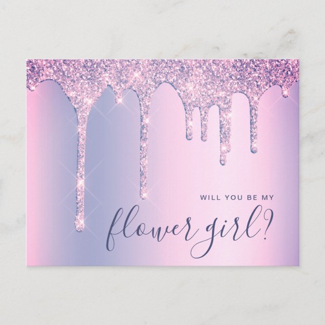 Lila glitterdroppar vill du vara min blomsterflick inbjudan vykort (Framsida)