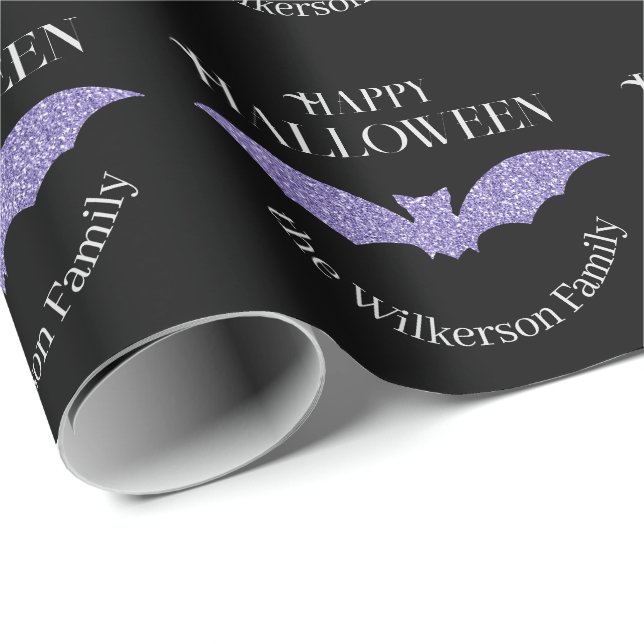 Lila glitterfladdermus God Halloween Presentpapper (Rullad Hörn)