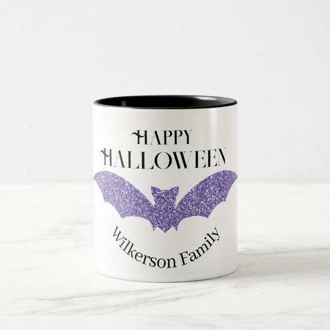 Lila Glitterfladdermus God Halloween Två-Tonad Mugg (Center)