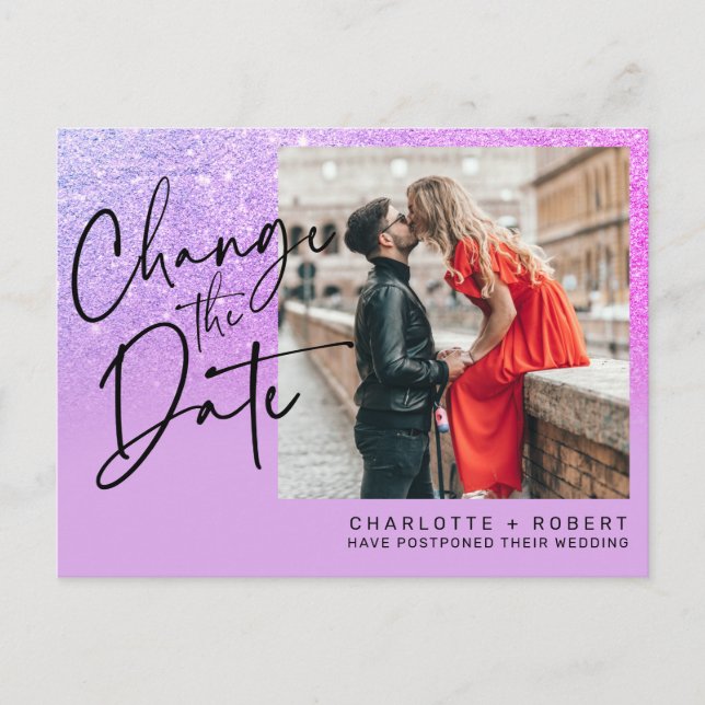 Lila glitterfoto bröllop ändra datum meddelande vykort (Framsida)
