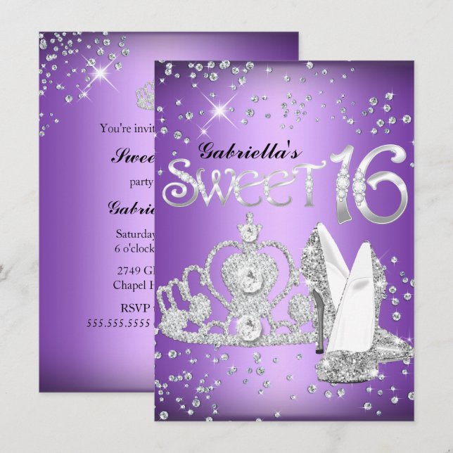 Lila glittertiara & klackar Sweet 16-inbjudan Inbjudningar (Fram/baksida)