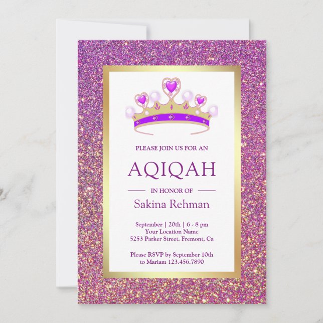 Lila Glittertiara Prinsessa Aqiqah Inbjudningar (Framsida)