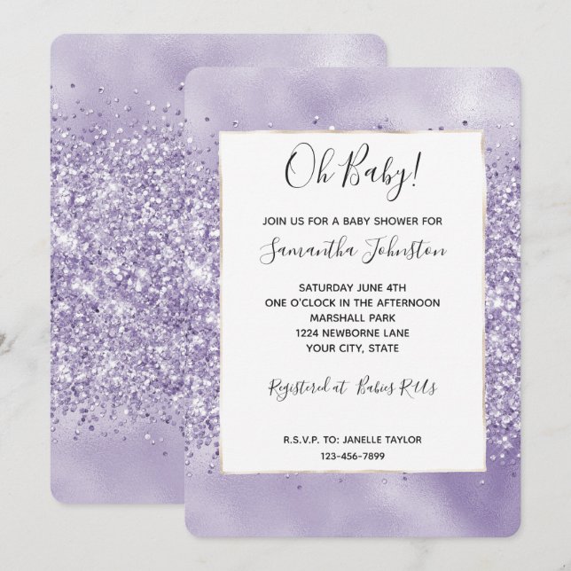 Lila Glittrig Glitter Babyfirande Inbjudningar (Fram/baksida)
