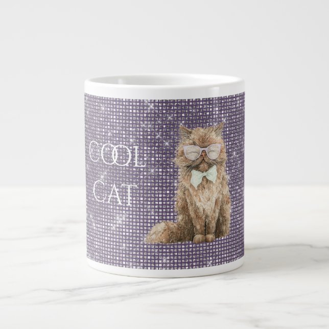 Lila Glittriga Bruna Coola Katt Glasögon   Jumbo Mugg (Framsidan)