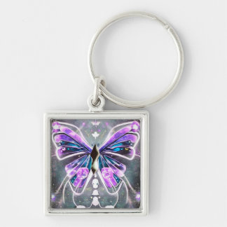 Lila Glow Butterfly Fyrkantig Silverfärgad Nyckelring