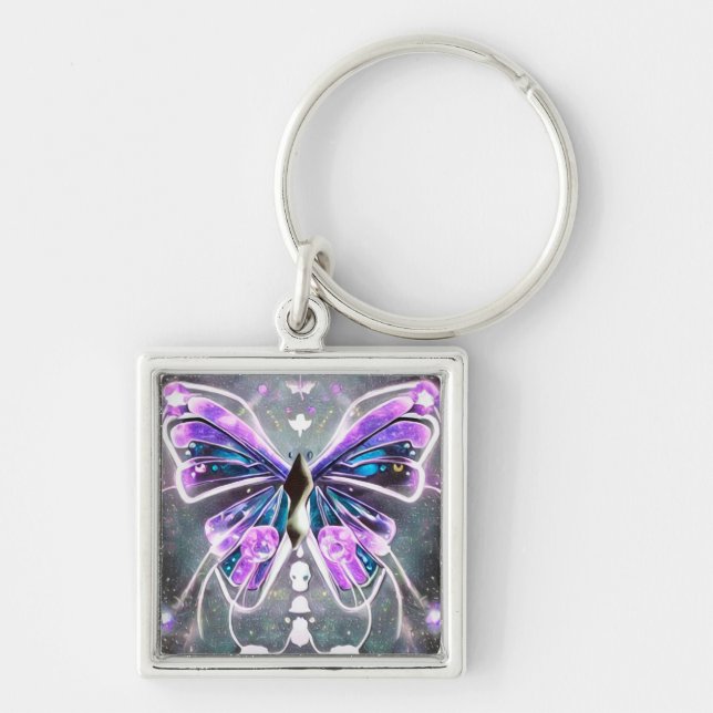 Lila Glow Butterfly Fyrkantig Silverfärgad Nyckelring (Framsidan)