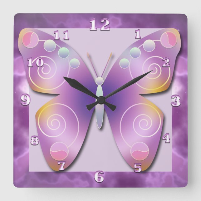 Lila Gnistra Butterfly Clock Fyrkantig Klocka (Framsida)