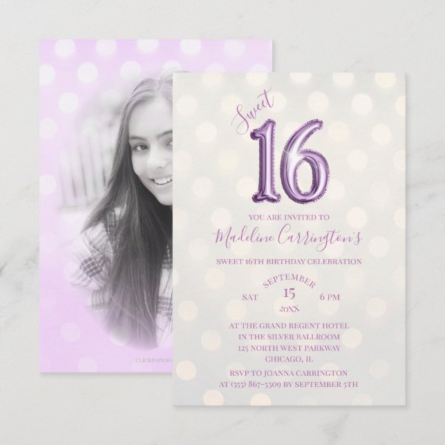 Lila Gnistra Foil Sweet 16 Birthday Photo Inbjudningar (Fram/baksida)