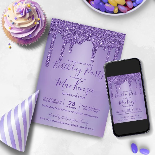 Lila Gnistra Glitter Drivrutiner varje år på födel Inbjudningar (Purple Sparkle Glitter Drips Any Year Birthday Invitation)