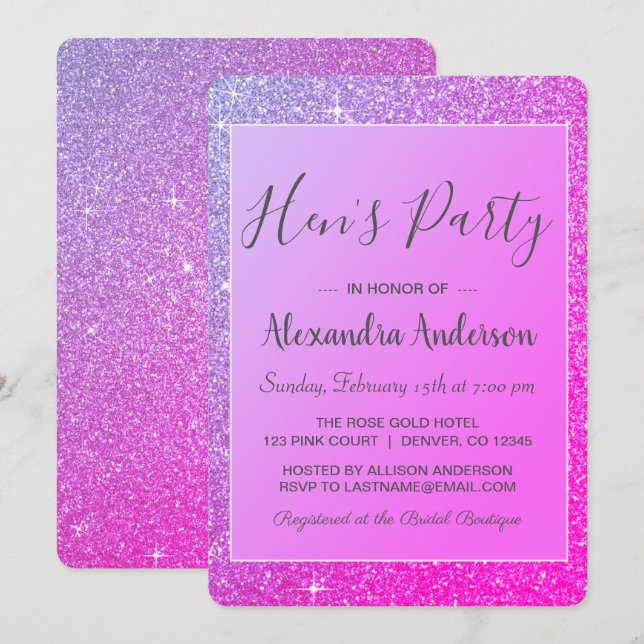 Lila Gnistra Glitter Hens Party Inbjudningar (Fram/baksida)