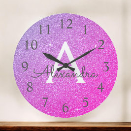 Lila Gnistra Glitter Monogram Namn och ursprunglig Stor Klocka