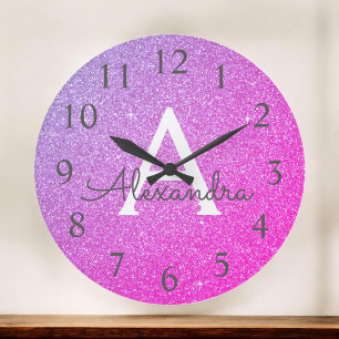 Lila Gnistra Glitter Monogram Namn och ursprunglig Stor Klocka