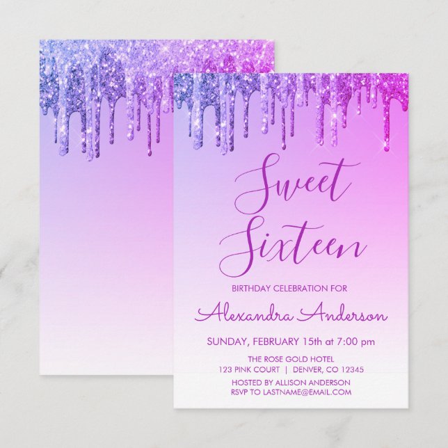 Lila Gnistra Glitter Sweet sixteen födelsedag Inbjudningar (Fram/baksida)