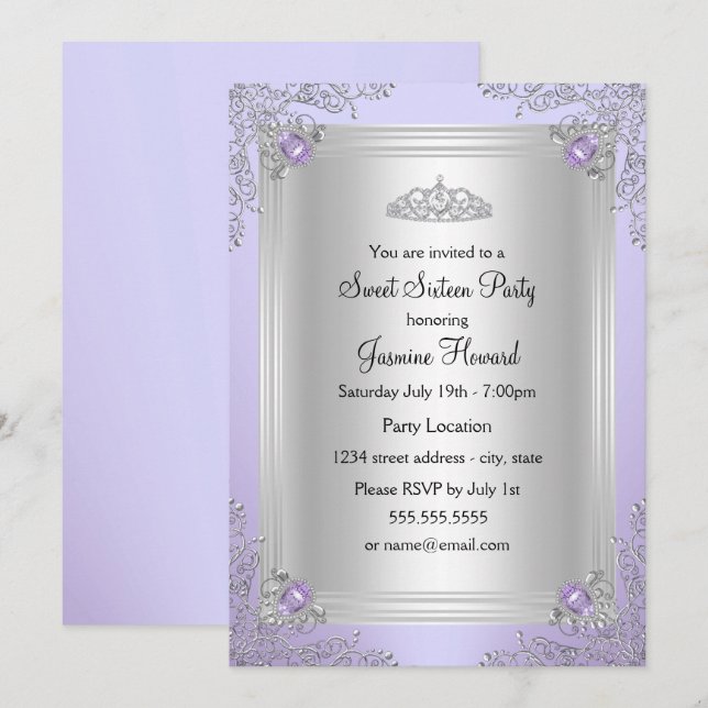 Lila Gnistra Jewel & Tiara Sweet 16-inbjudan Inbjudningar (Fram/baksida)