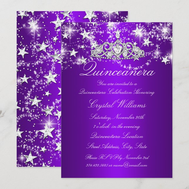 Lila Gnistra Tiara & Stars Quinceanera Inbjudningar (Fram/baksida)