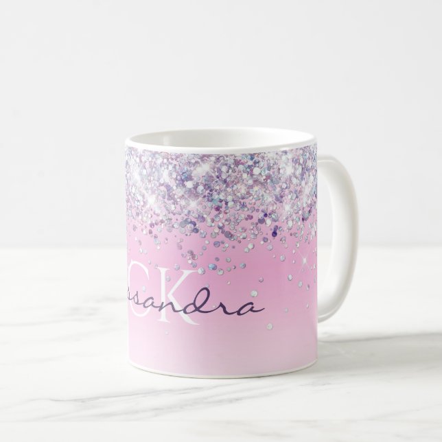 Lila Gnistrande Glitter Monogram Självisk Rosa Kaffemugg (Framsida höger)