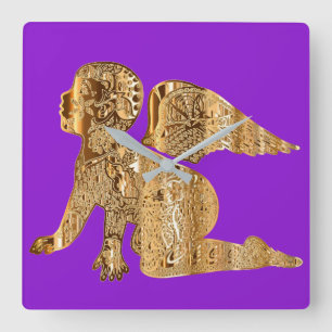 Lila Golden Baby Angel Shiny Elegant Fyrkantig Klocka