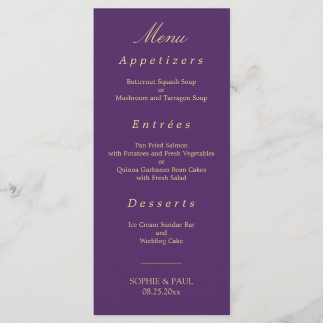 Lila Golden Beige Elegant bröllop Menu Meny (Framsida)