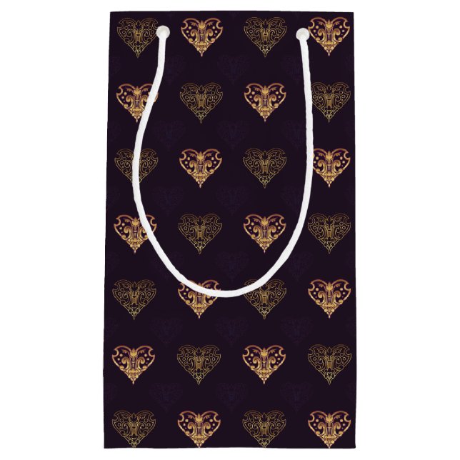 Lila & Golden Decorative Hearts Mönster Gift Bag (Framsidan)