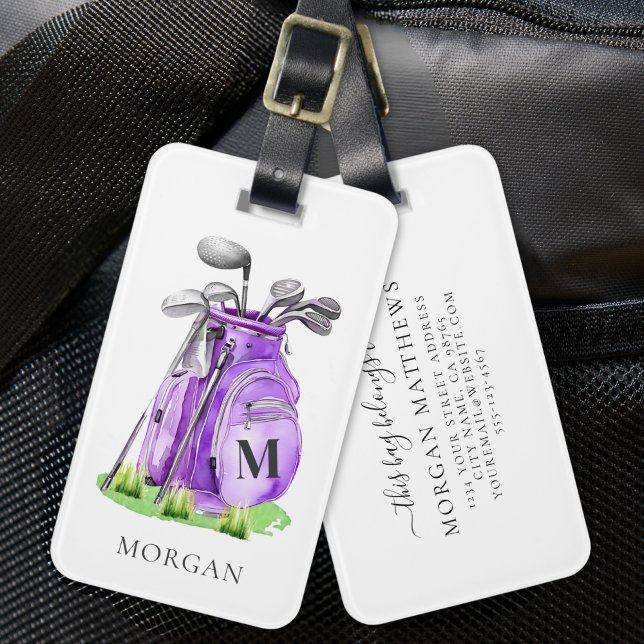 Lila Golftar Monogram Bagagebricka (Purple Golfer Monogram Luggage Tag)