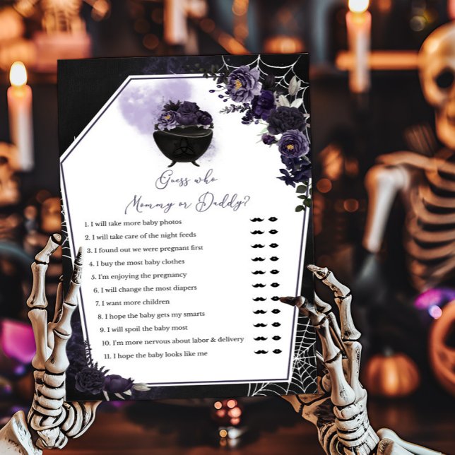 Lila Gotham Blommigt Gissa vem Mamma eller pappa G (Floral Gothic Invitation Guess who Mommy or Daddy Game)