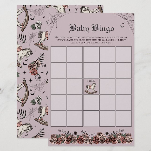 Lila Gothic Baby Shower Rocking Horse Baby Bingo (Fram/baksida)