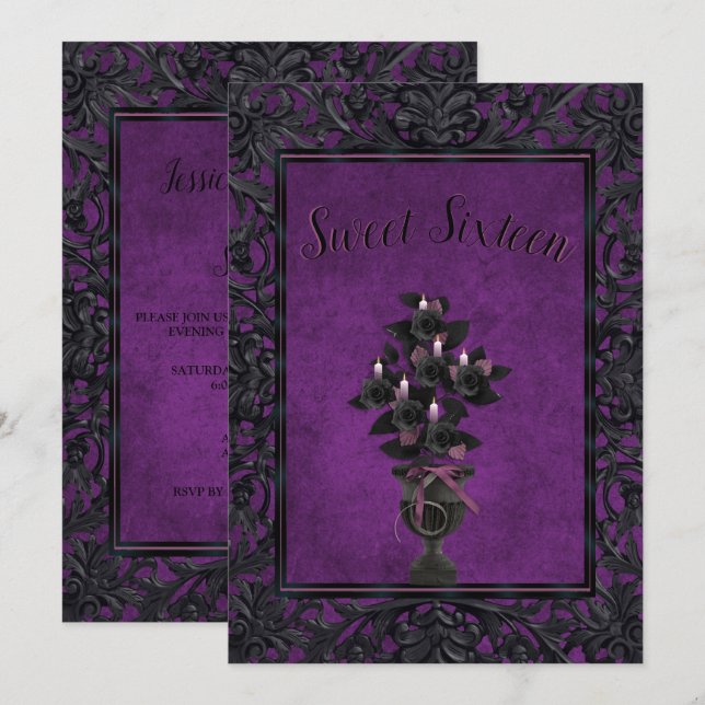 Lila Gothic Ram Black Ro & Candles Sweet 16 Inbjudningar (Fram/baksida)
