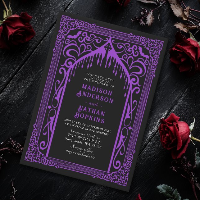 Lila Gothic Vampire Cathedral Bröllop Inbjudningar (Skapare uppladdad)