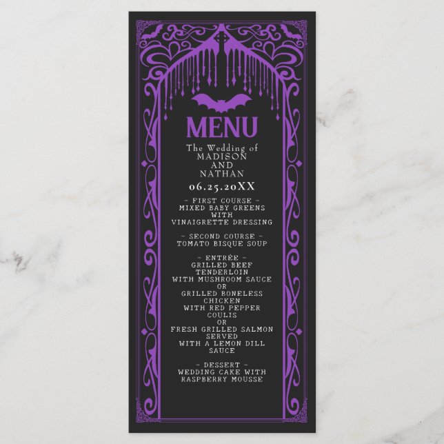 Lila Gothic Vampire Cathedral Bröllop Menu Meny (Framsida)