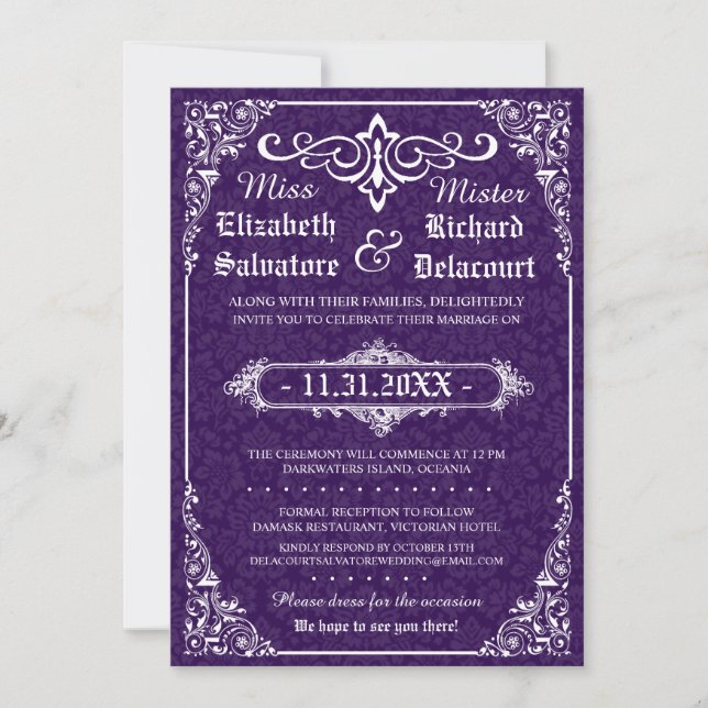Lila Gothic Victorian Damask Wedding Inbjudan (Framsida)