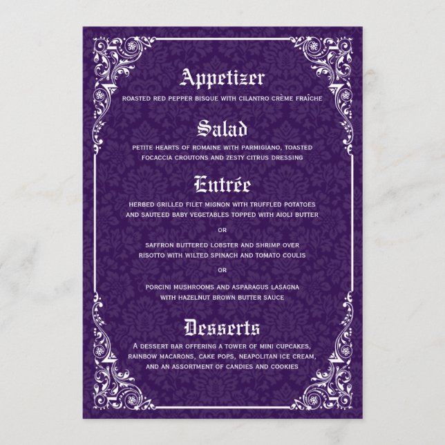 Lila Gothic Victorian Damask Wedding Menu Meny (Framsida)