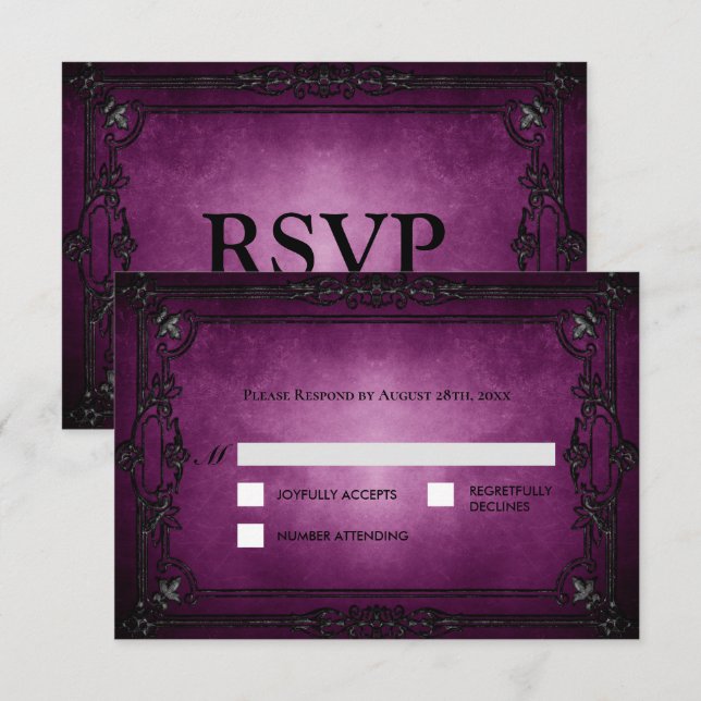 Lila gotisk Halloween alternativ bröllops-RSVP OSA Kort (Fram/baksida)