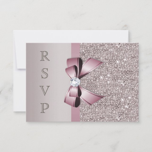 Lila Grå Pailletter Diamanter Rosett RSVP OSA Kort (Framsida)