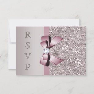 Lila Grå Pailletter Diamanter Rosett RSVP OSA Kort