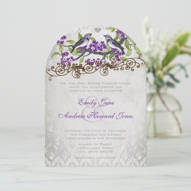 Lila & Grå Vintage Fåglar Damask Bröllopsinbjudan Inbjudningar (Stående Fram)