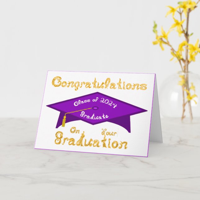 Lila Grad Cap Guld White Student Class 2024 Hat Kort (Gul blomma)