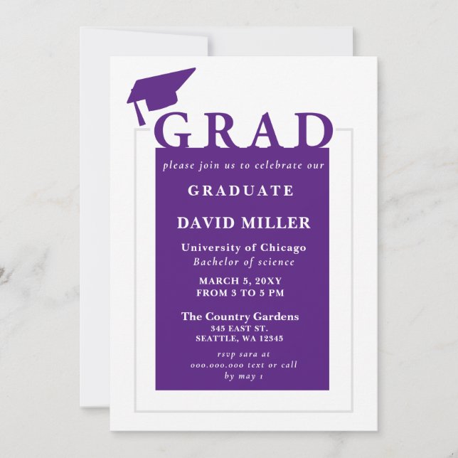 Lila Grad Modern Minimalist Photo Studenten Inbjudningar (Framsida)