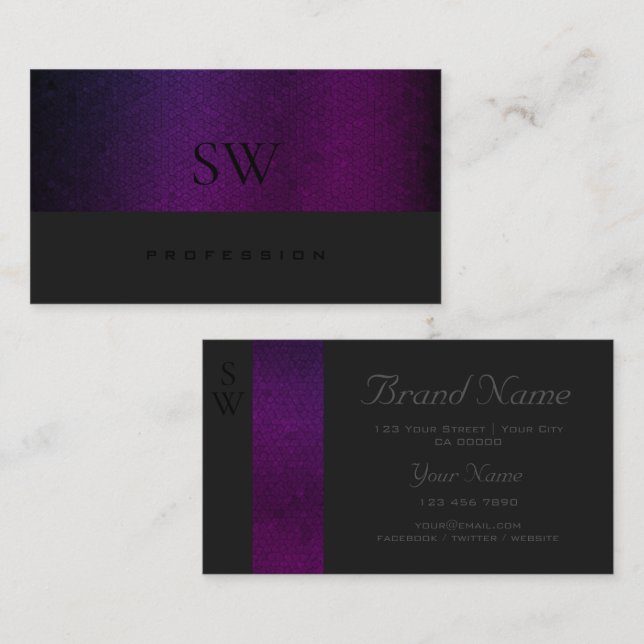 Lila Gradient Mönster Mörk Grått  med monogram Visitkort (Fram/baksida)