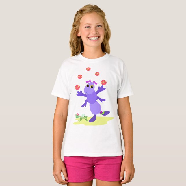 Lila Grashopper Juggling Roligt Creature T Shirt (Hel framsida)
