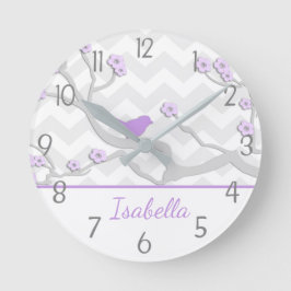 Lila Grått Bird on Gren Nursery Wall Clock Rund Klocka